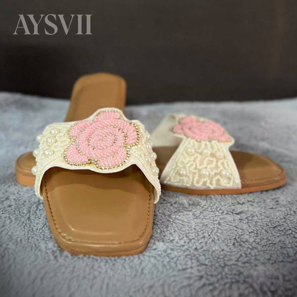 Blush Pearl-Embroidered Flat Sandals