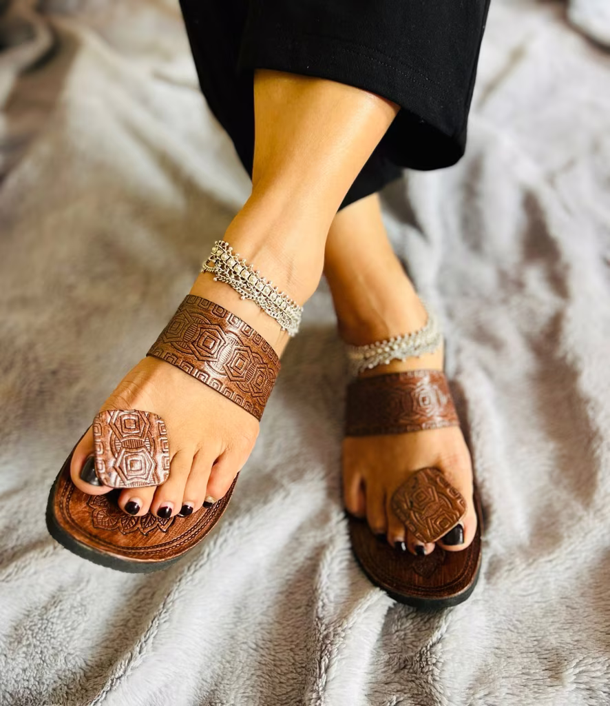 Image of Brown Kolhapuri Slip On Sandals for Women, Handmade Geniune Leather Traditional Flats, Bridesmaid slippers,