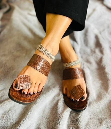 Image of Brown Kolhapuri Slip On Sandals for Women, Handmade Geniune Leather Traditional Flats, Bridesmaid slippers,